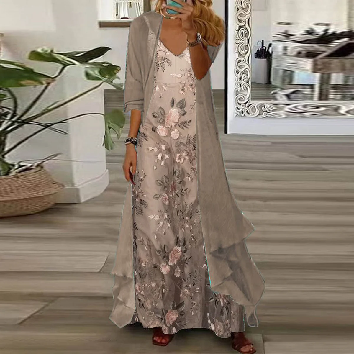 Edda | Floral V-Neck Sleeveless Maxi Dress Cardigan