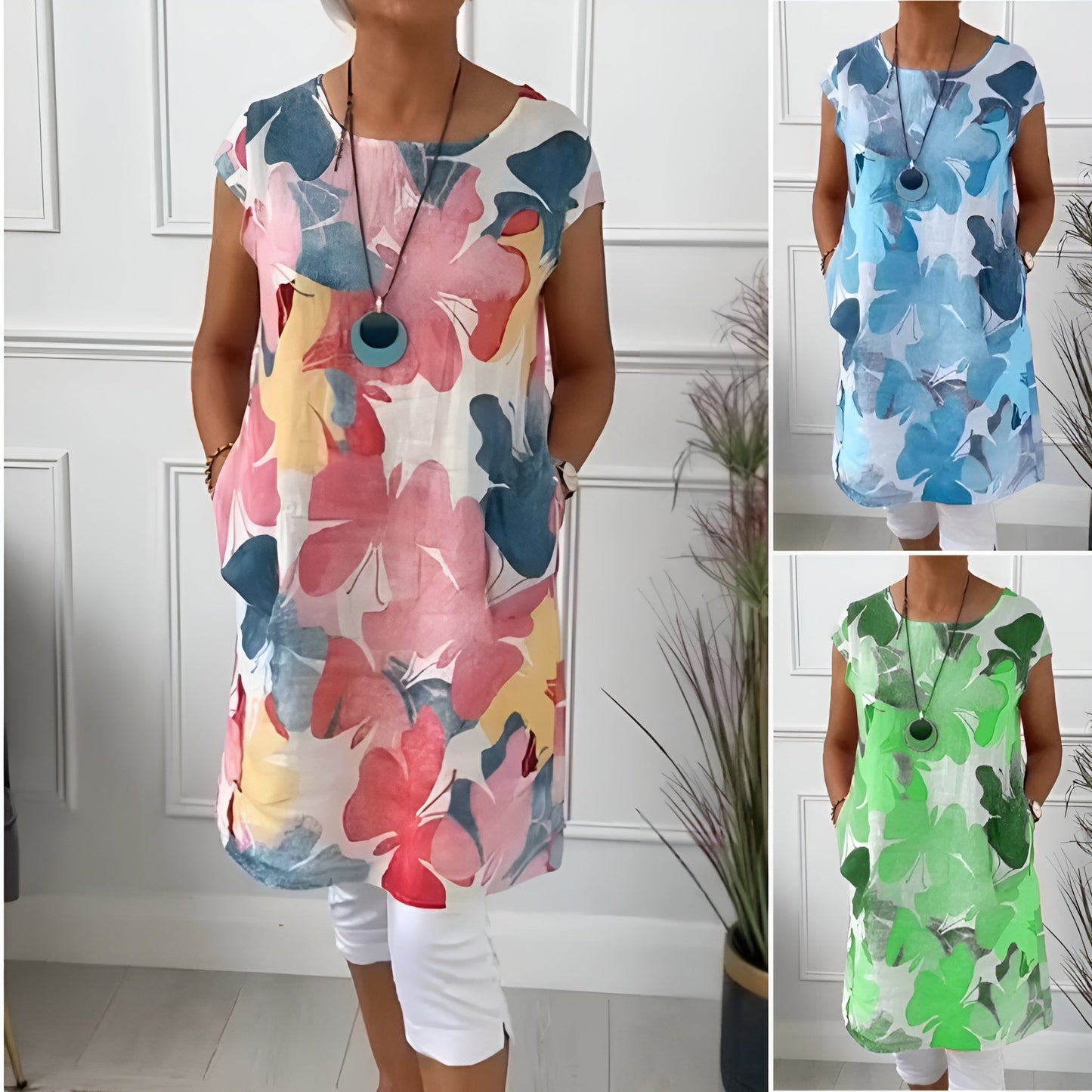 Tonya | Floral Tunic Dress Cap Sleeve Pockets