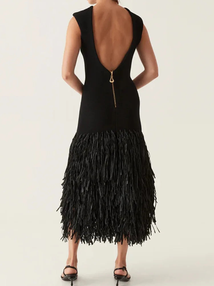 Ana | Fringed Midi Dress Sleeveless Black Fit