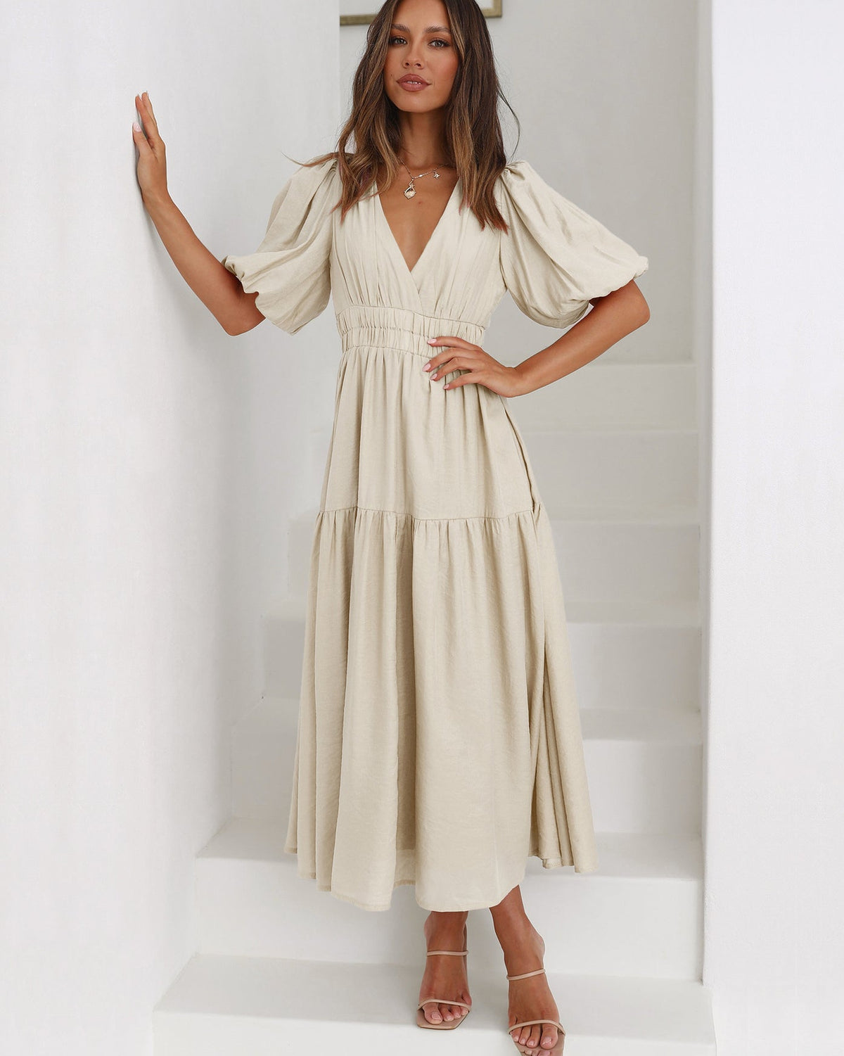 Delphine | Midi Dress V Neck Puff Sleeve