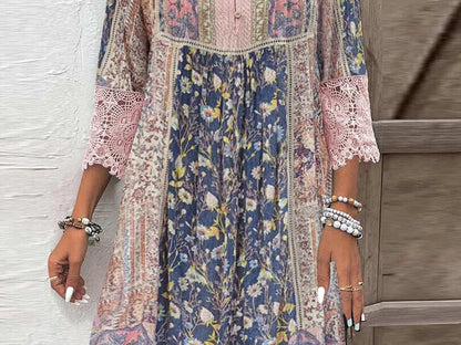 Tegan | Floral Print Lace Trim Midi Dress