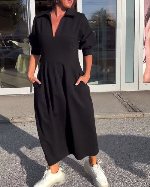 Lunya | Midi Dress Black Collared V-Neck