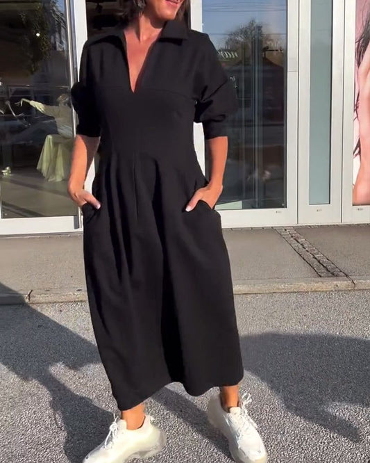Lunya | Midi Dress Black Collared V-Neck