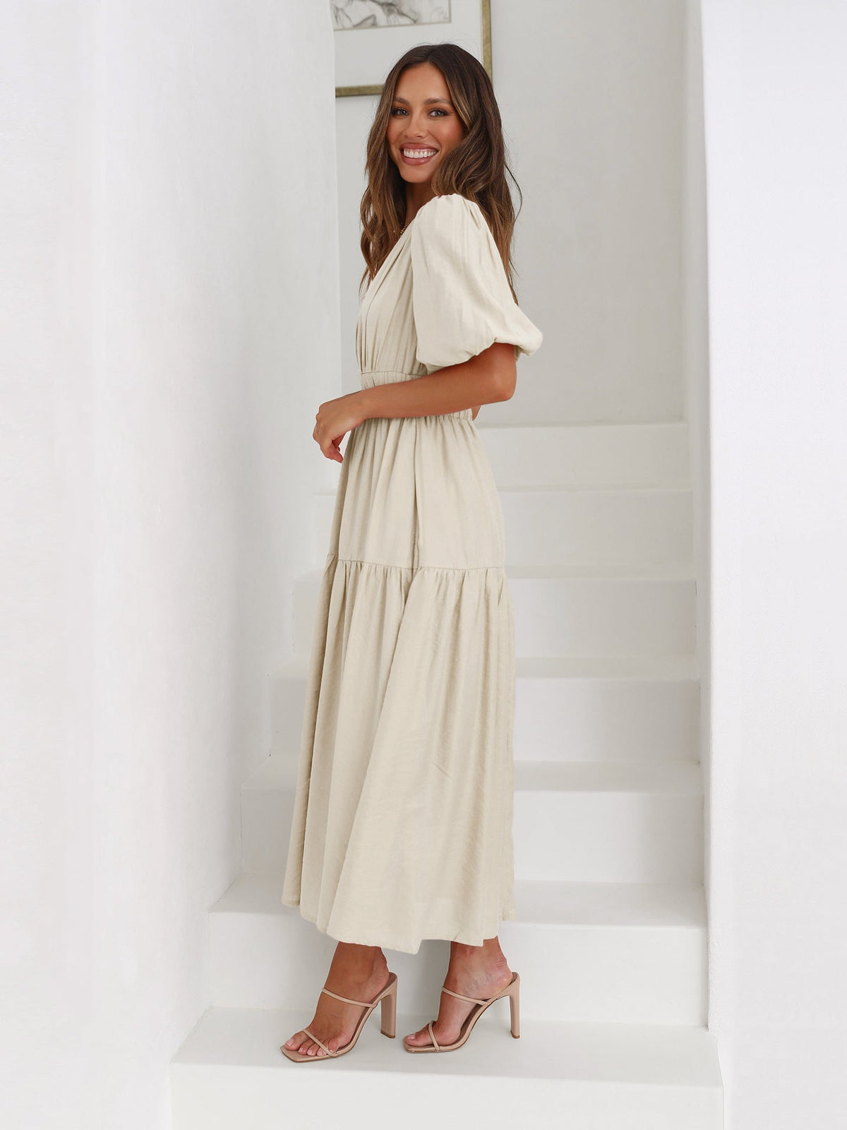 Delphine | Midi Dress V Neck Puff Sleeve