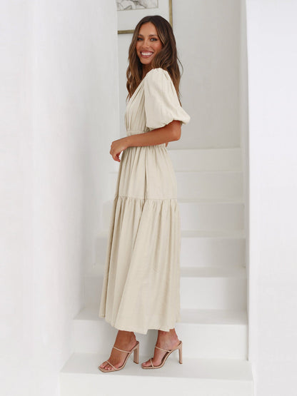 Delphine | Midi Dress V Neck Puff Sleeve
