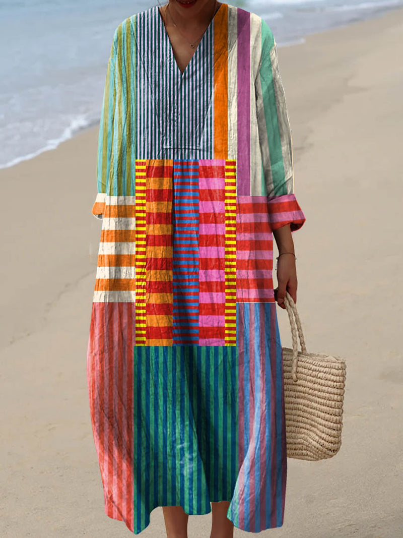 Slavko | Vintage Geometric Pattern V Neck Dress