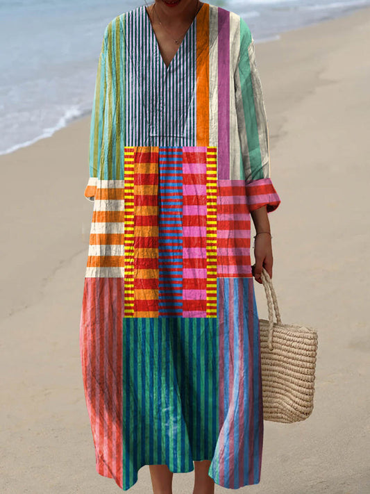 Slavko | Vintage Geometric Pattern V Neck Dress
