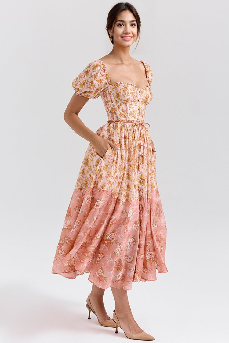 Mellie | Floral Puff Sleeve Sweetheart Midi Dress