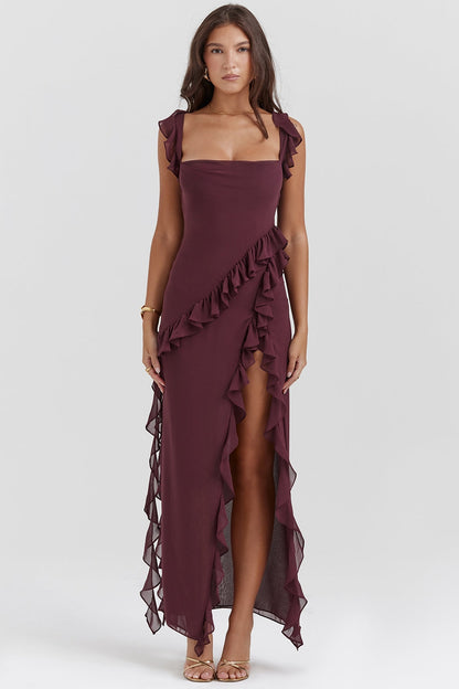 Dalia | Ruffle Trim Sleeveless High Slit Maxi Dress