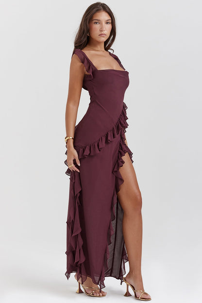 Dalia | Ruffle Trim Sleeveless High Slit Maxi Dress