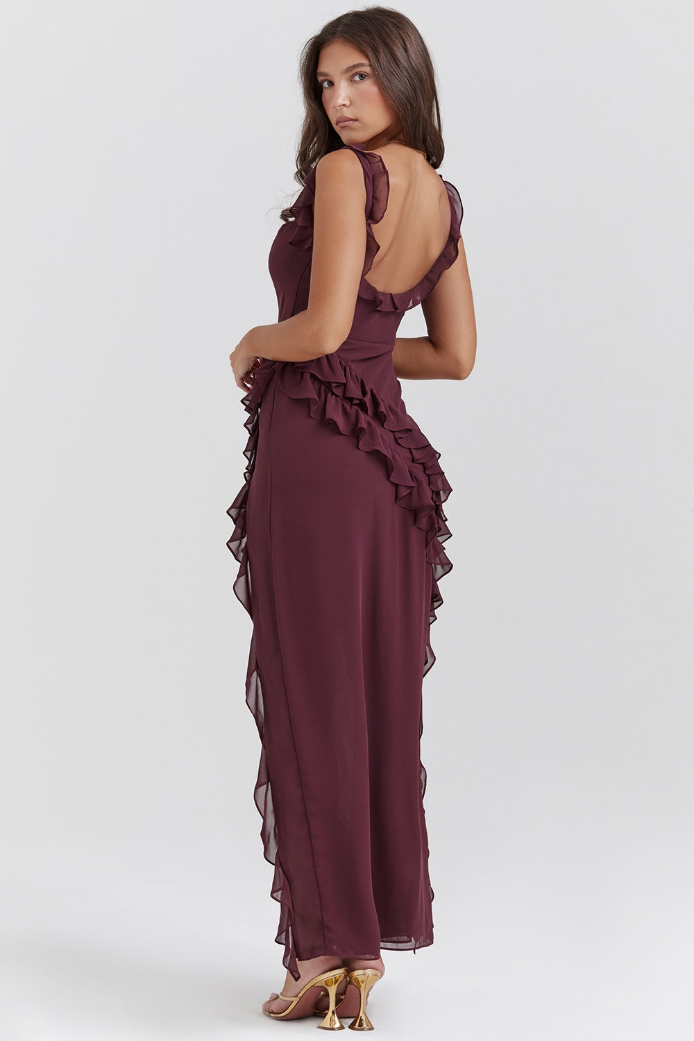 Dalia | Ruffle Trim Sleeveless High Slit Maxi Dress