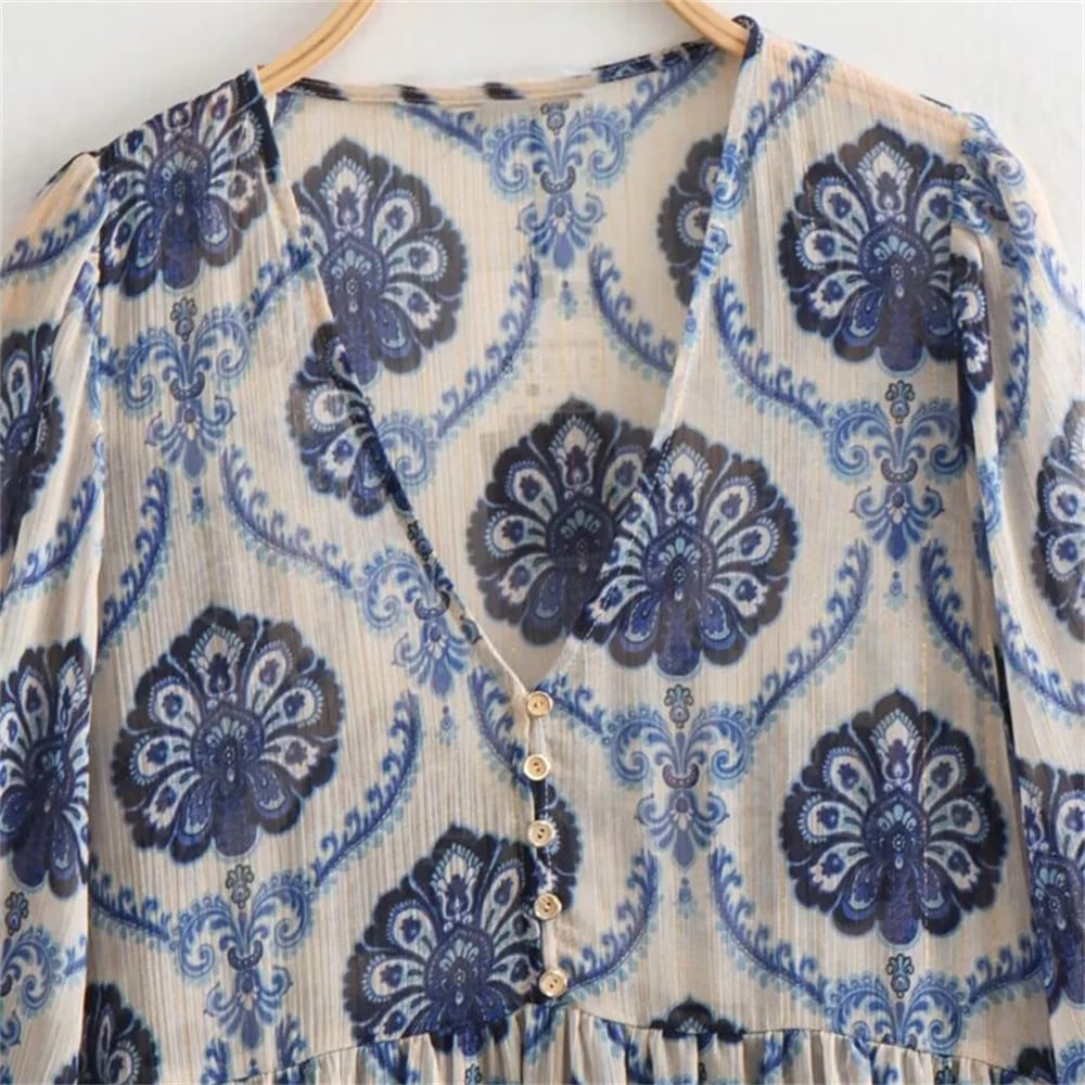 Willa| Printed Tiered Long Sleeve Midi Dress