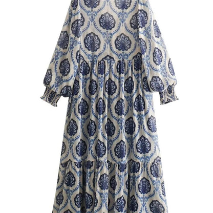 Willa| Printed Tiered Long Sleeve Midi Dress