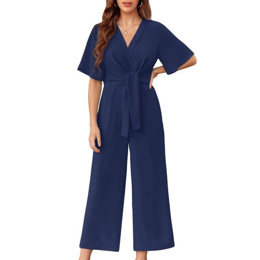 Gracie | Wide Leg V Neck Tie Jumpsuit