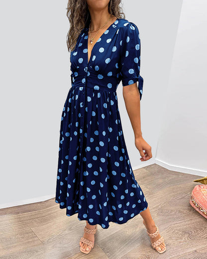 Janis | V Neck Polka Dot Midi Dress
