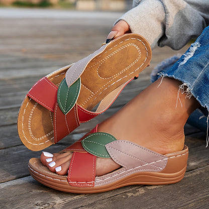 Eloina | Comfort Wedge Slide Sandals Leaf Detail