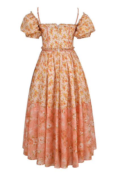 Mellie | Floral Puff Sleeve Sweetheart Midi Dress