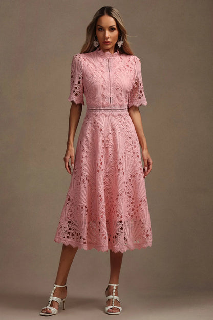 Vorelle | Lace Midi Dress High Neck Short Sleeve