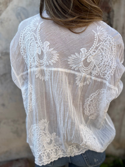 Nalini | White Lace Embroidered Button Front Blouse
