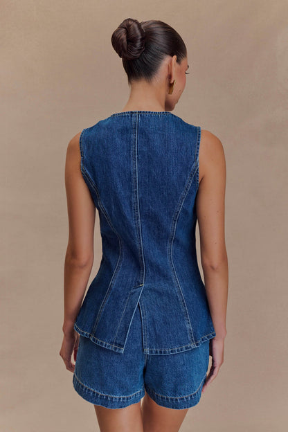 Vespera | Denim Sleeveless Peplum Top Shorts Set