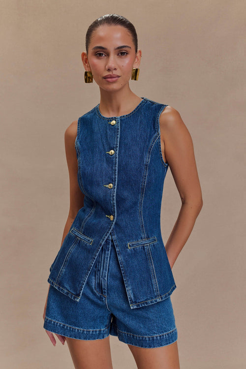 Vespera | Denim Sleeveless Peplum Top Shorts Set