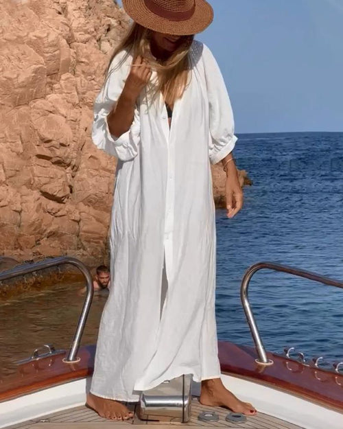 Reena | Maxi Dress White Button Front Long Sleeve