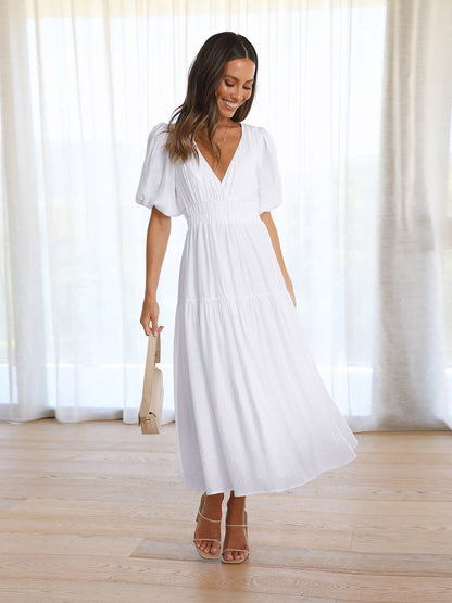 Delphine | Midi Dress V Neck Puff Sleeve