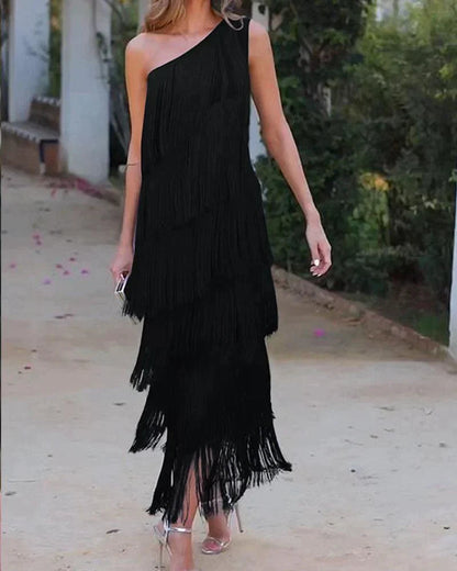 Mirella | One Shoulder Fringe Maxi Dress