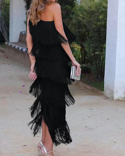Mirella | One Shoulder Fringe Maxi Dress