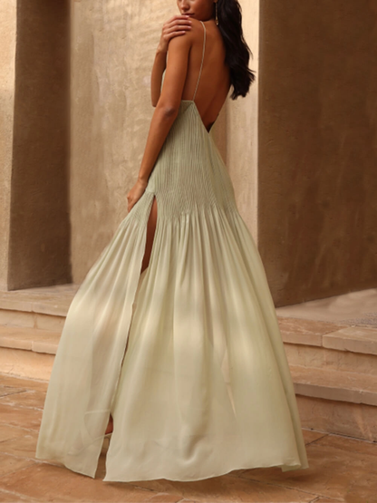 Mária | Maxi Dress Sage Green Pleated V-Neck