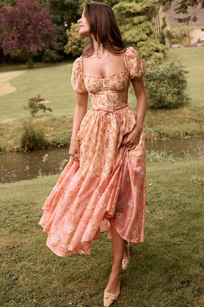Mellie | Floral Puff Sleeve Sweetheart Midi Dress