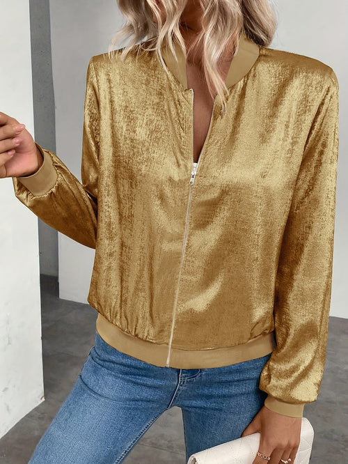 Marla | Metallic Long Sleeve Zip Bomber Jacket