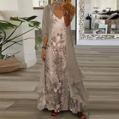 Edda | Floral V-Neck Sleeveless Maxi Dress Cardigan