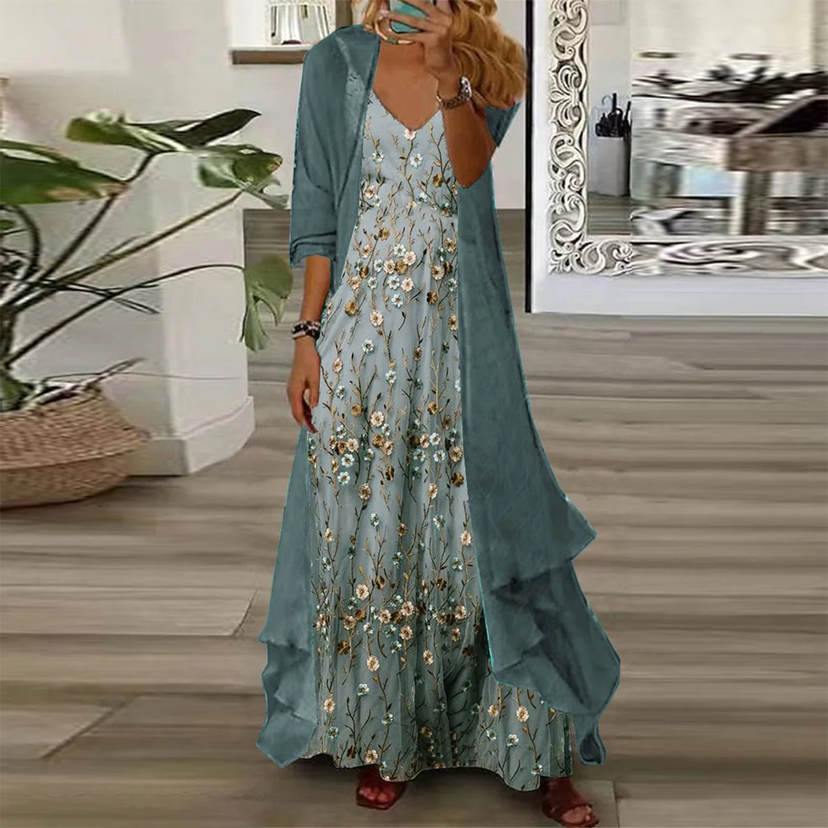 Edda | Floral V-Neck Sleeveless Maxi Dress Cardigan