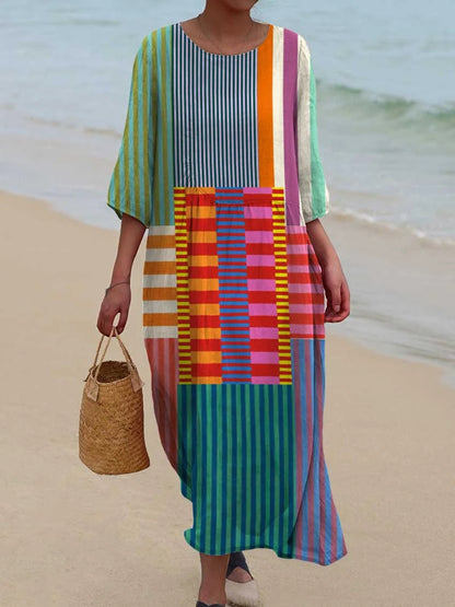 Slavko | Vintage Geometric Pattern V Neck Dress