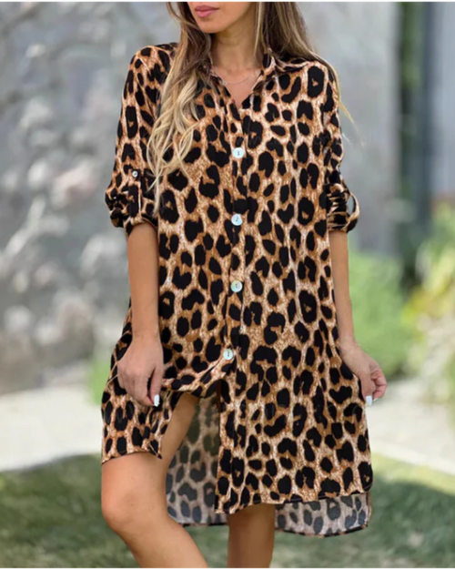 Nikoletta | Leopard Print Button Front Shirt Dress