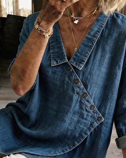 Olizia | Denim-Style Wrap V-Neck Long Sleeve Blouse