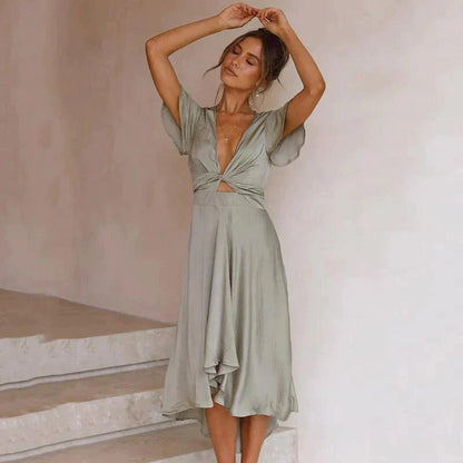Yesha | Flutter Sleeve Tie Front Midi Dress