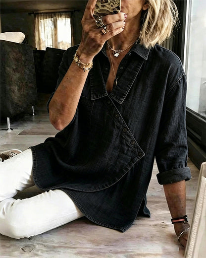 Olizia | Denim-Style Wrap V-Neck Long Sleeve Blouse