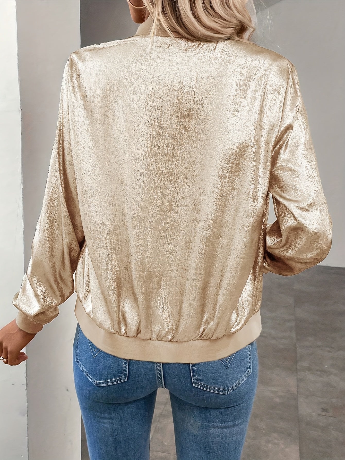 Marla | Metallic Long Sleeve Zip Bomber Jacket