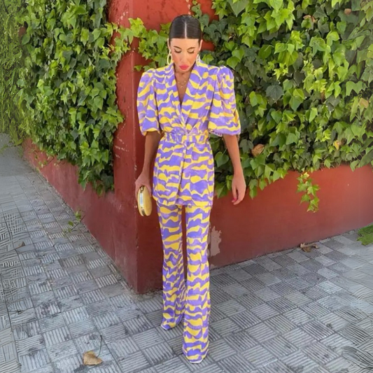 Missy | Printed Puff Sleeve Belted Pants Set