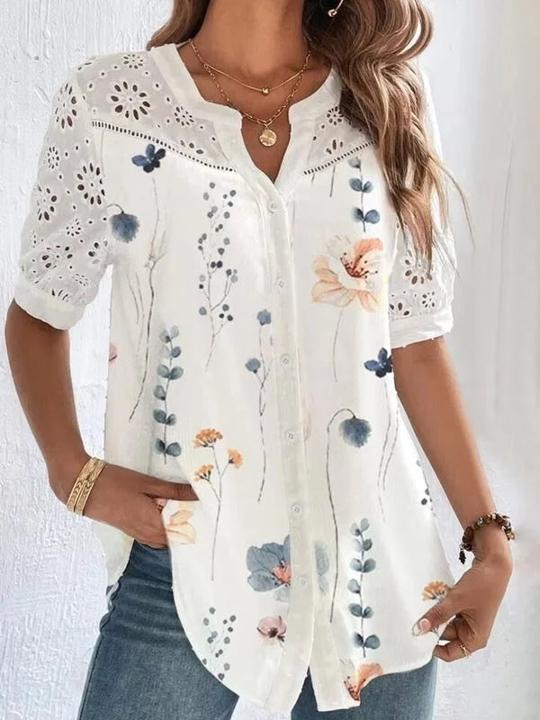 Zoila | Floral Print Eyelet Sleeve Button Blouse