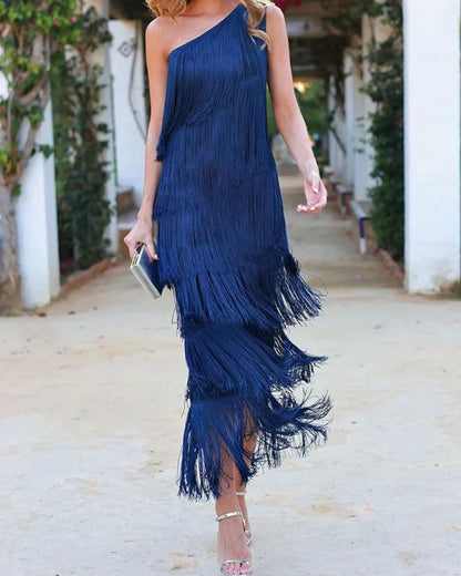 Mirella | One Shoulder Fringe Maxi Dress