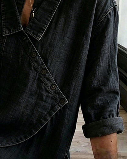Olizia | Denim-Style Wrap V-Neck Long Sleeve Blouse