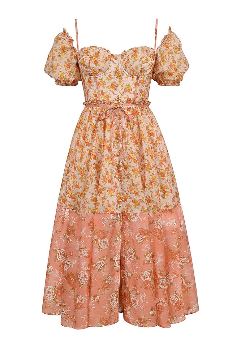 Mellie | Floral Puff Sleeve Sweetheart Midi Dress