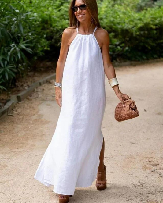 Galilea | Halter Neck Linen Style Maxi Dress