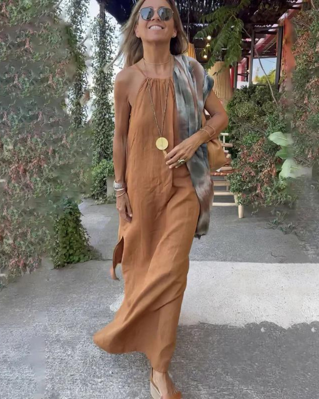 Galilea | Halter Neck Linen Style Maxi Dress