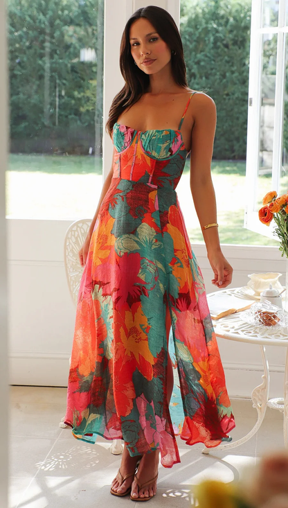Kaitlyn | Floral Print Strappy Maxi Split Dress