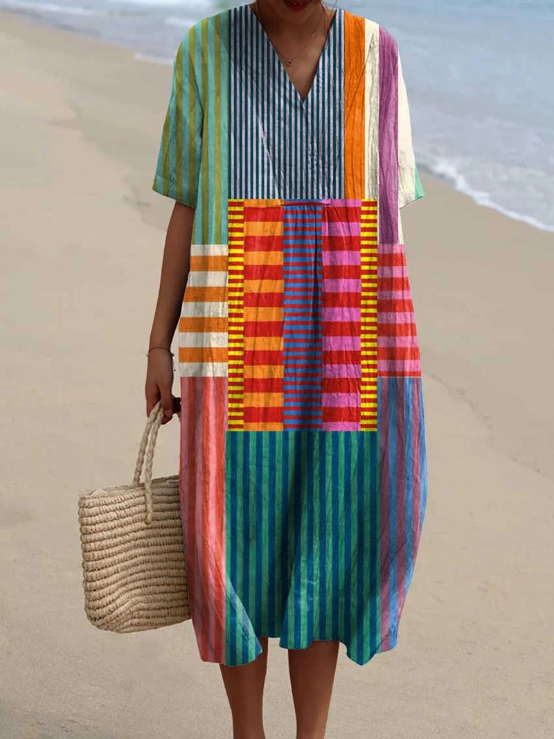 Slavko | Vintage Geometric Pattern V Neck Dress
