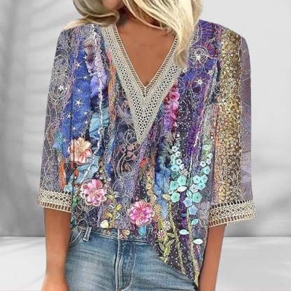 Maricela | Blouse With V Neck Lace Trim